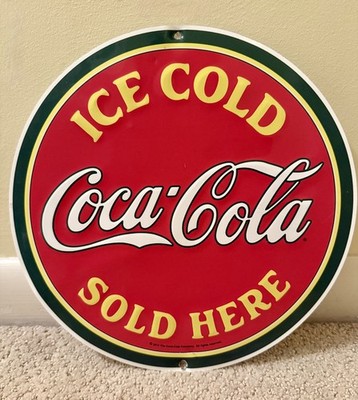 Retro Style Ice Cold Coca Cola Sold Here Enameled Metal Sign Circular 11x11 in.