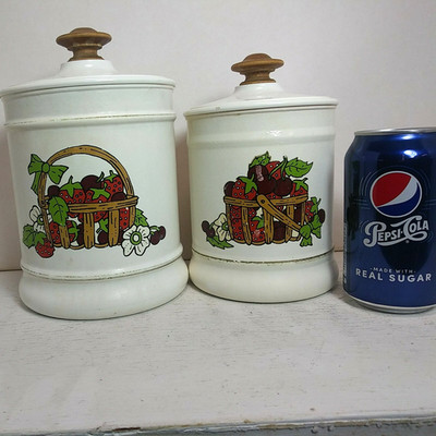 2 Retro 1970's Canister Metal Containers w Faux Wood Plastic Lids Strawberries