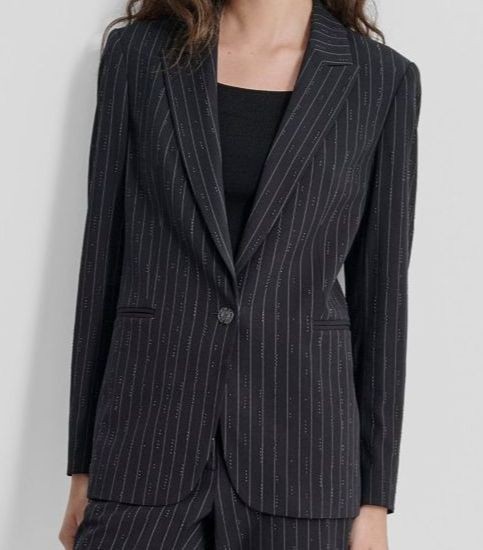 DKNY Women's Black Studded Pinstriped Single-Button Blazer Jacket Coat Size 6