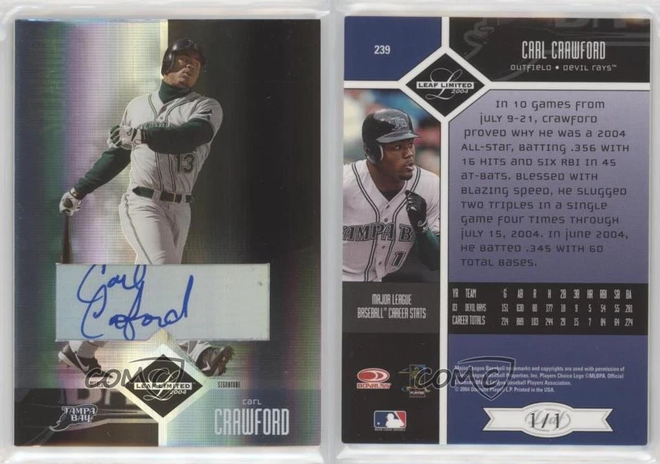 2004 Leaf Limited Monikers Platinum Signatures 1/1 Carl Crawford #239 Auto uk2 - Image 3 of 3
