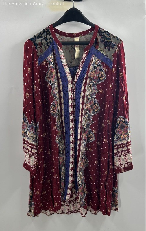 Cyrena Womens Multicolor Damask Long Sleeve Split Neck Tunic Blouse Top Size L