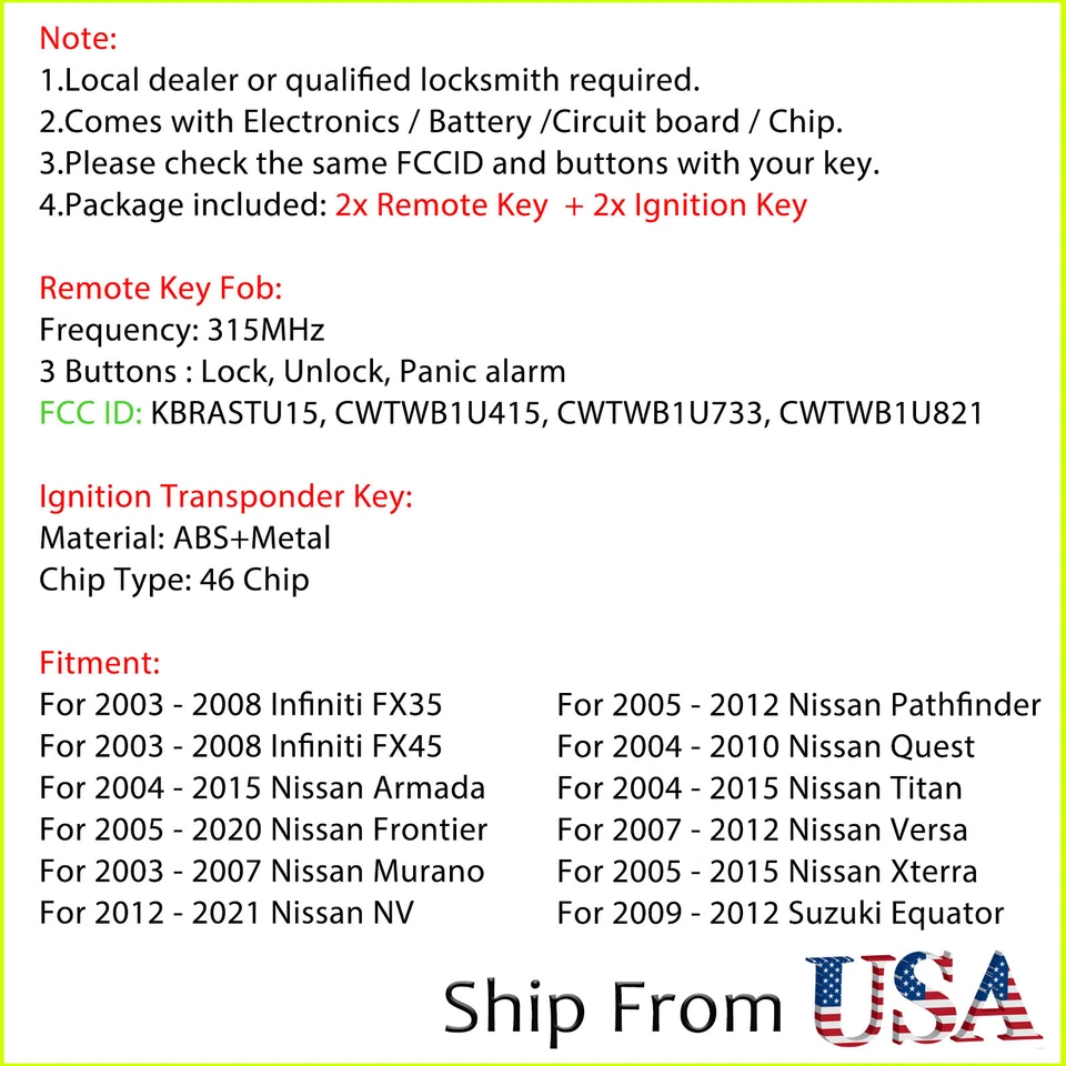 2 for Nissan Versa Xterra Frontier Murano Armada Remote Fob + Transponder Key - Image 2 of 4