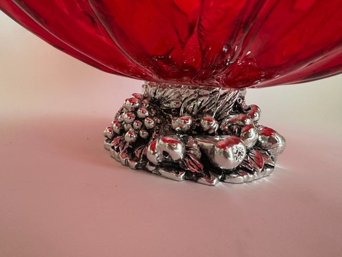 "Cuenco de vidrio artístico rojo estilo Murano Antica Cristalleria Italiana 11,75"" pie plateado" - Imagen 4 de 8