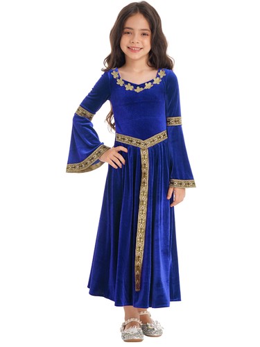 Kids Girls Medieval Renaissance Princess Costumes Velvet Vintage Dress Ball Gown - Picture 42 of 98