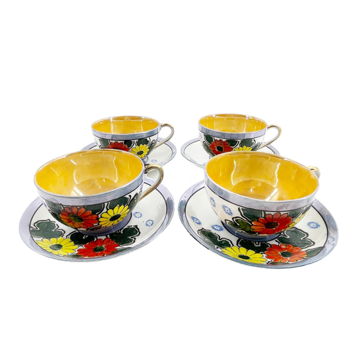 Vintage Set of 4 Lusterware Porcelain Tea Cups & Saucers Hand Painted Flowers - Bild 7 von 8