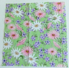 Cotton Fabric Pic D - Pink White Daisies Purple on Green 11 1/4" L x 11 1/8" W