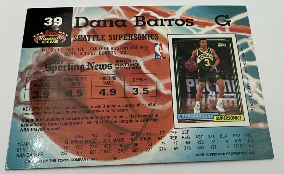 Tarjeta de baloncesto Stadium Club Seattle Supersonics 1992-93 #39 Dana Barros Foto 2 de 3