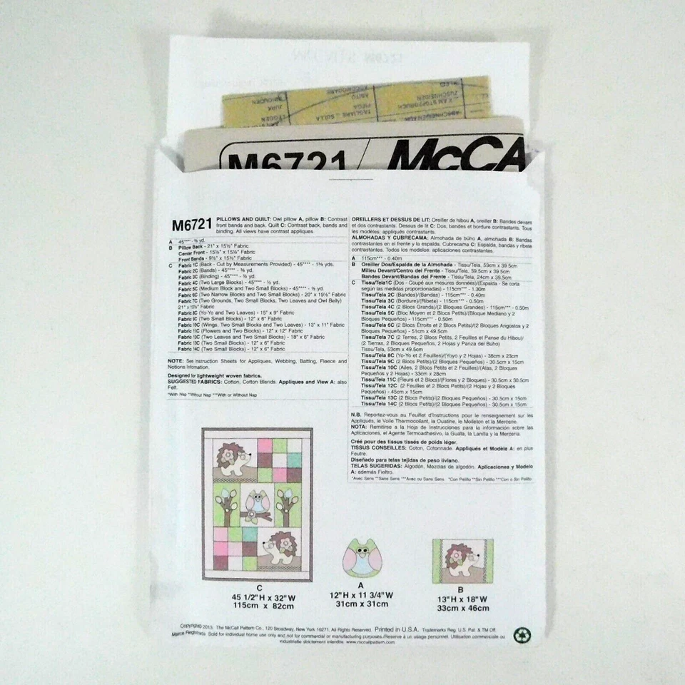 McCalls 6721 Crafts Quilt Pillow Pattern One Size Uncut Hedgehogs Baby Patchwork - Image 4 of 4