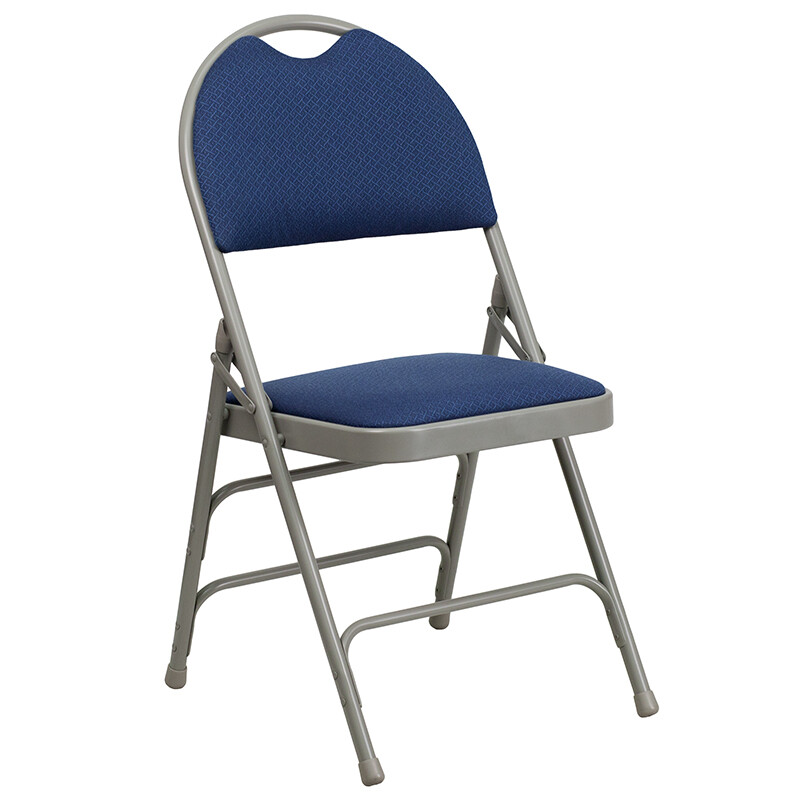 Metal Folding Chair with Navy Fabric, Triple Braced & Easy