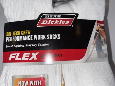 NEW Dickies Flex Dri-Tech Crew Socks – 3 Pairs, Size 6-12 – Moisture-Wicking Work Socks