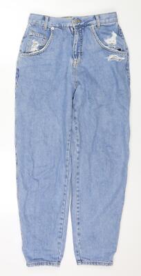 Pull&Bear Damen blau Baumwolle Mom Jeans Größe 8 L28 normaler Reißverschluss