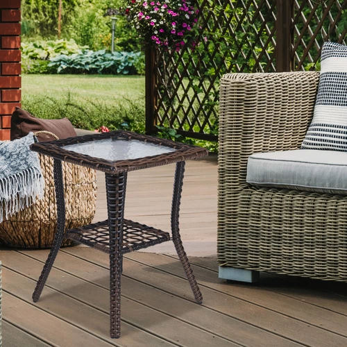 Outdoor Wicker Side Table,Rattan End Table with Glass Top,Patio Coffee Bistro US - Picture 8 of 9
