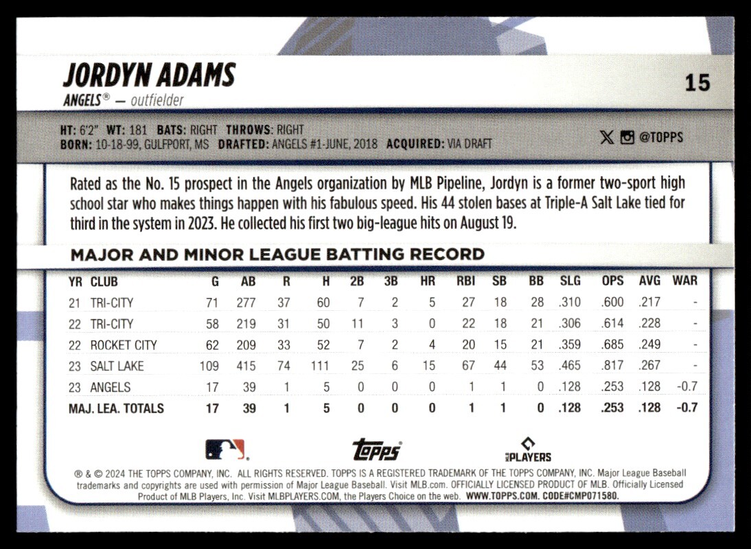 2024 Topps Big League #15 Jordyn Adams Rookie Los Angeles Angels