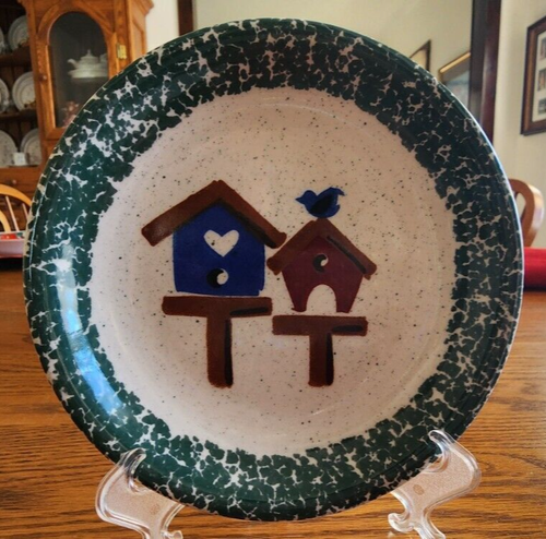 Bird House Bread Butter Dessert Plates (pair) 6 1/2" Gibson Stoneware Blue Red ! - Picture 12 of 15