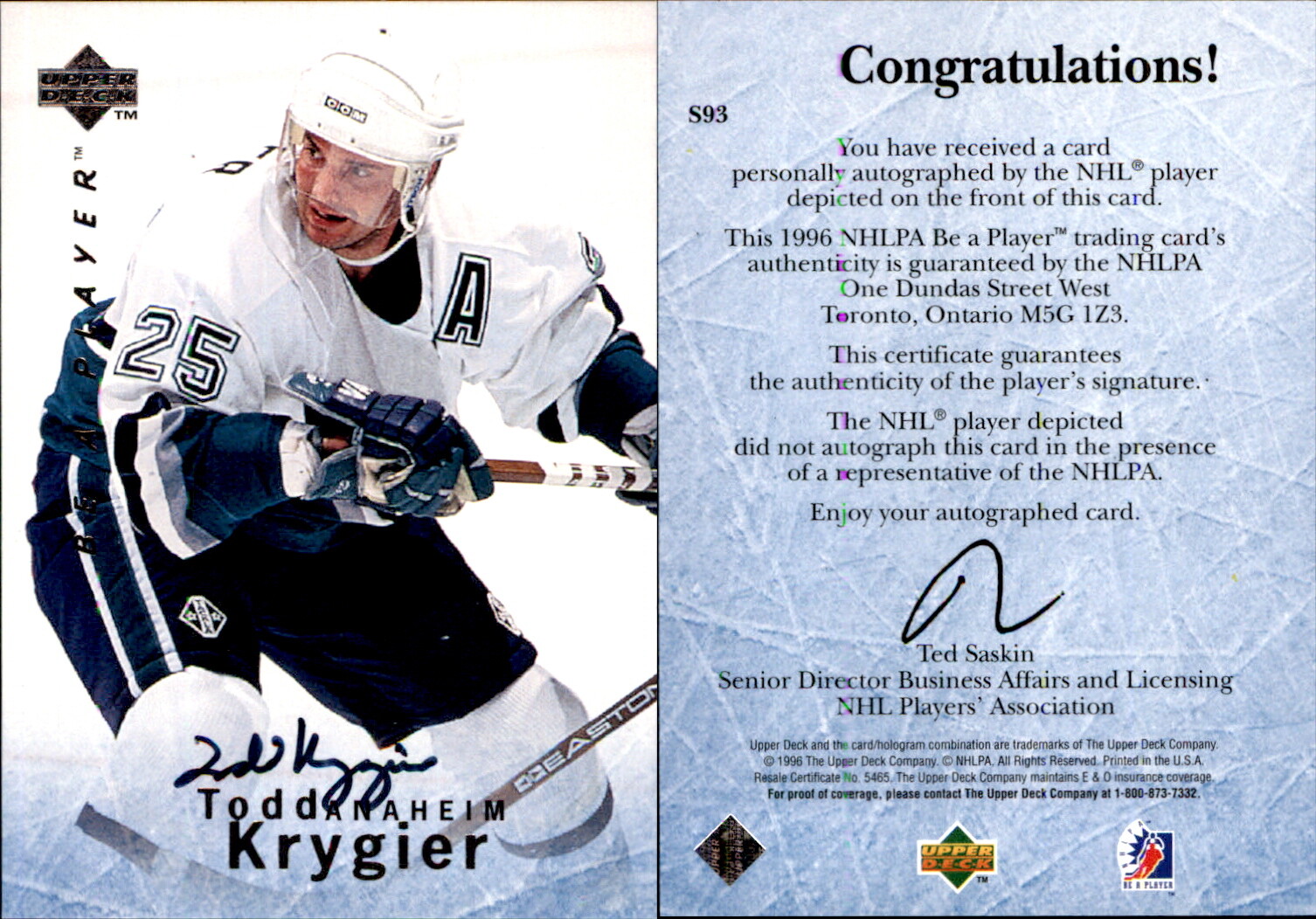 Todd Krygier Signed 1995 Upper Deck Be a Player #93 Card Anaheim Mighty Ducks