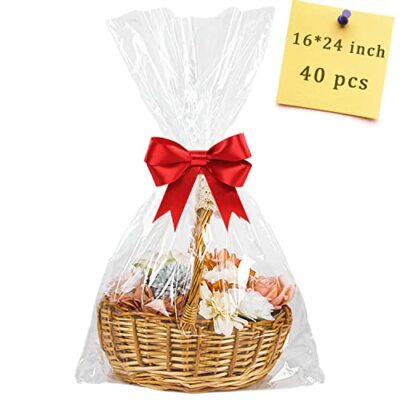 40pcs Cellophane Bags 16x24 Cellophane Wrap for Gift Baskets Large Clear 