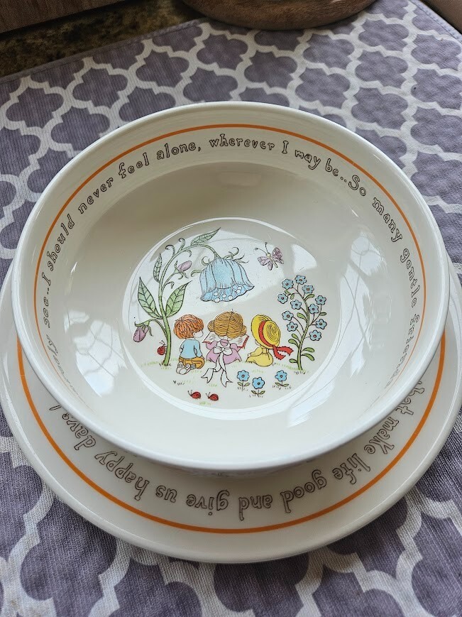 Vintage 70's Lenox "Gentle Friends" Plate and Bowl Children's Set Kids Flowers