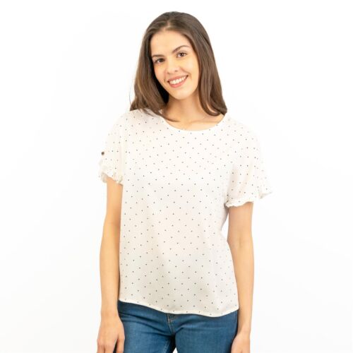 M&S Womens Blouse Top Polka Dot Floral Frill Sleeve Navy Blue Ivory Tee - Picture 5 of 10