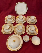 Royal Albert Crown China White Gold Greek Key 28 Piece Tea Dinner Set CREAM TEA