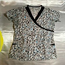 UA Uniform Advantage Scrub Top, size S, Black/blue hearts on white, black trim