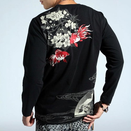 Mens Long Sleeve T-Shirt Japanese Pattern Embroidery Ukiyoe Red Goldfish Unisex - Picture 8 of 14
