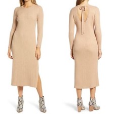 WAYF x BFF Hollie Long Sleeve Ribbed Knit Tie Back Camel Tan Sweater Dress NWT