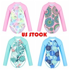 One-piece Kids Girls Palm Printed Long Sleeve Swimsuit Bathing Suit Swimwear