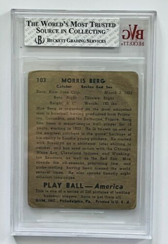 Moe Berg ~ Red Sox ~ 1939 Play Ball Card #103 ~ Beckett Grading 2.5 - Picture 4 of 6