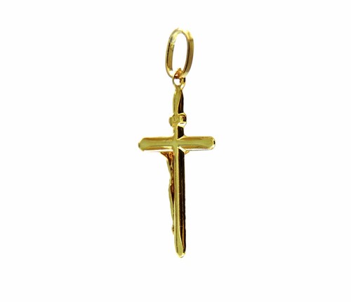 CIONDOLO ORO GIALLO 18KT Pendente CROCE CON CRISTO CONCAVA smussata Uomo Donna - Imagen 2 de 5