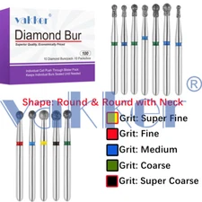 Vakker 10pc Diamond Burs Round & Round with Neck Super Fine Medium Coarse