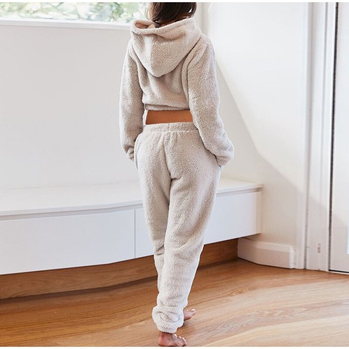 Women Hooded Fleece Fur Crop Tops Pants Pyjamas Teddy Bear Pajamas Set Nightwear - Picture 9 of 16
