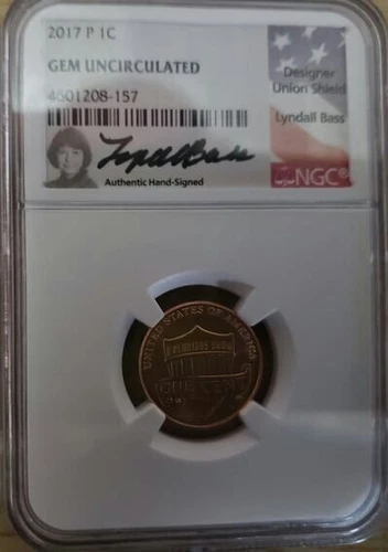 2017-P 1c Shield Penny, NGC Gem UNC. First P Mint Mark Cent, Lyndall Bass Signed