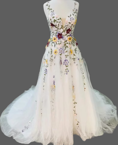 Vintage Spitze Blumen Hochzeitskleider V-Ausschnitt A-Linie böhmischer Tüll Brautkleider - Bild 2 von 10