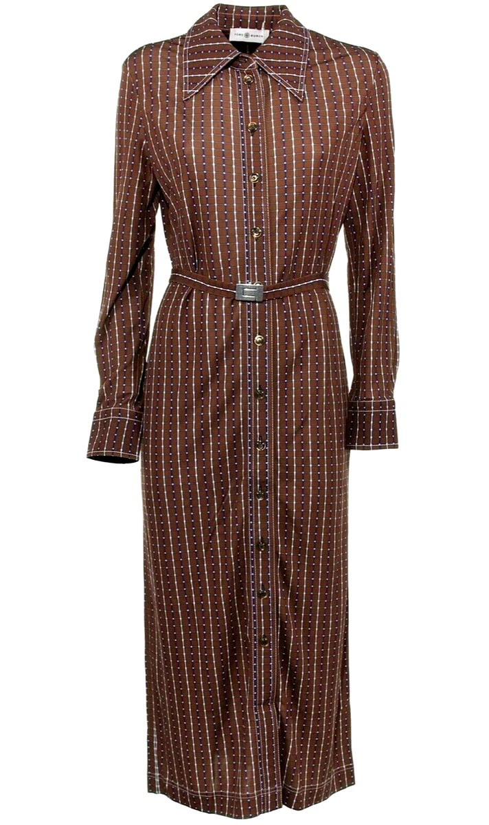 TORY BURCH RUNWAY MIDI POLO DRESS DOTTED WINDOWPANE KNIT BROWN 