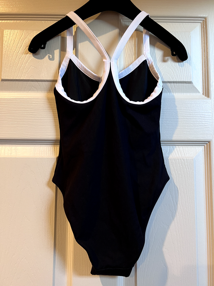 CHANEL 22S NEW TAG BLACK ONE-PIECE SWIMSUIT ECRU TRIM