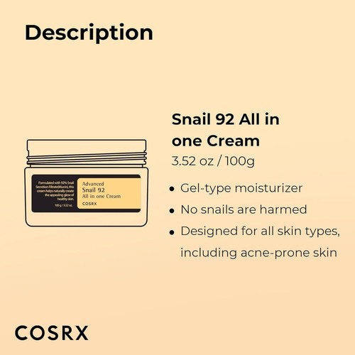 COSRX Snail Mucin 92% Moisturizer 3.52oz/100g-Daily Repair Face Cream-All Skins - Picture 7 of 7