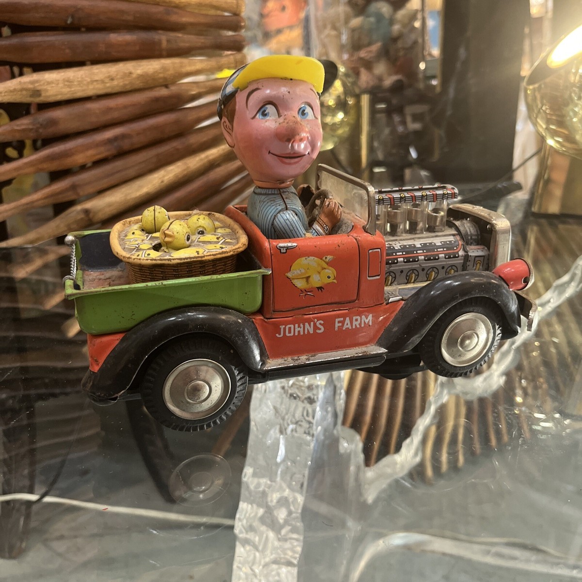 Vintage John's Farm Truck Tin Litho Japan Battery Toy Convertible