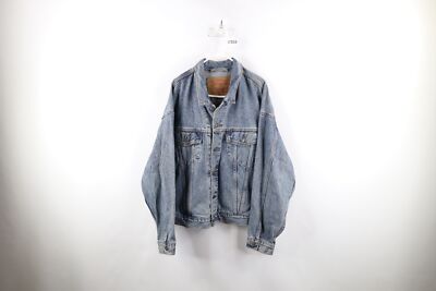 Vintage 90s Levis Mens Large Distressed Spell Out Denim Trucker Jacket Blue USA