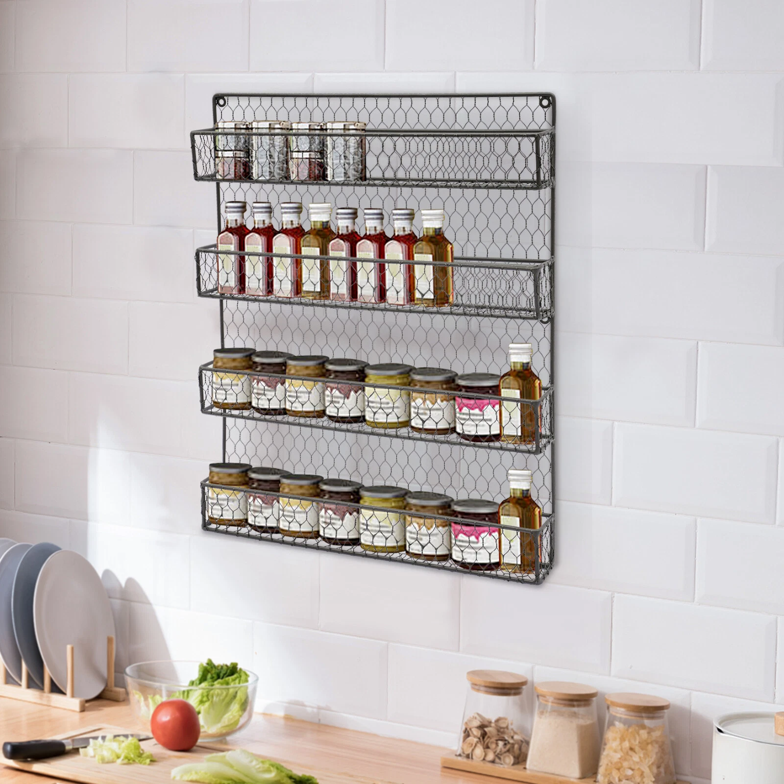 Modern 4Tier Metal Spice Rack Wall Hanging Shelf Holder KitchenCabinet 43*6*53cm