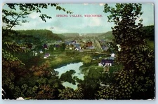 1908 Spring Valley Wisconsin Over View River Rustic Bridge Trees Houses Postcard