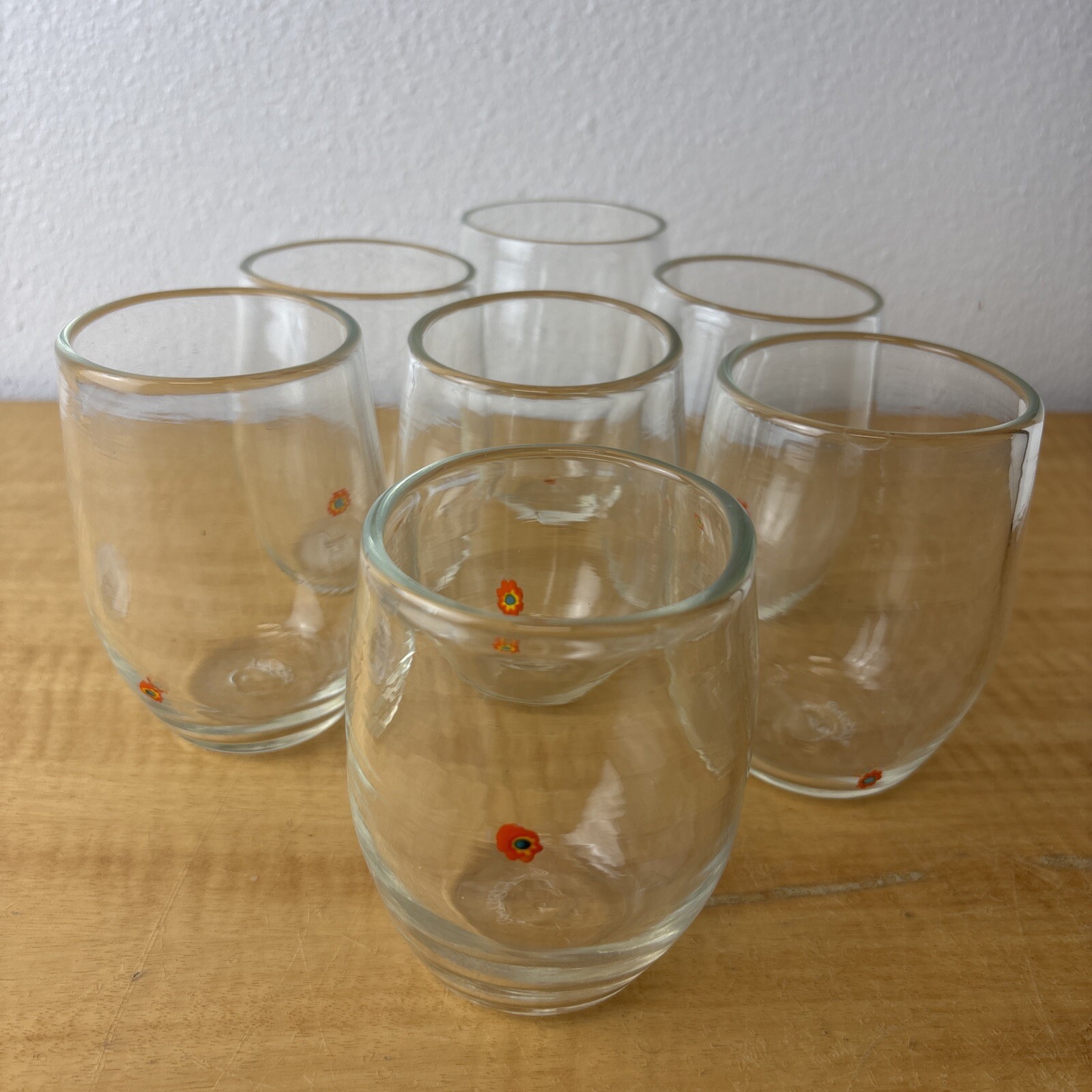 Hand Blown Stemless Wine Glass with Playful Tiny Flower Design  