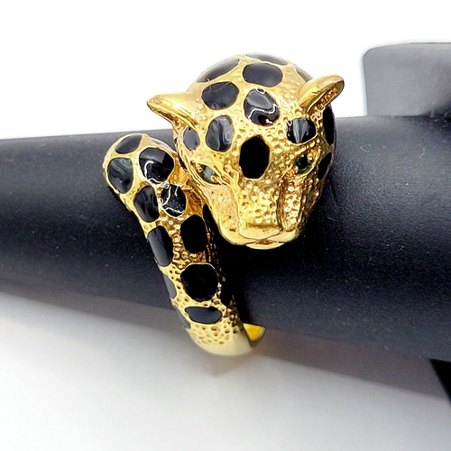 Unique Leopard Wrap Big Cat Enamel Green Crystal Eyes Gold Tone Ring Size 10 - Picture 2 of 22