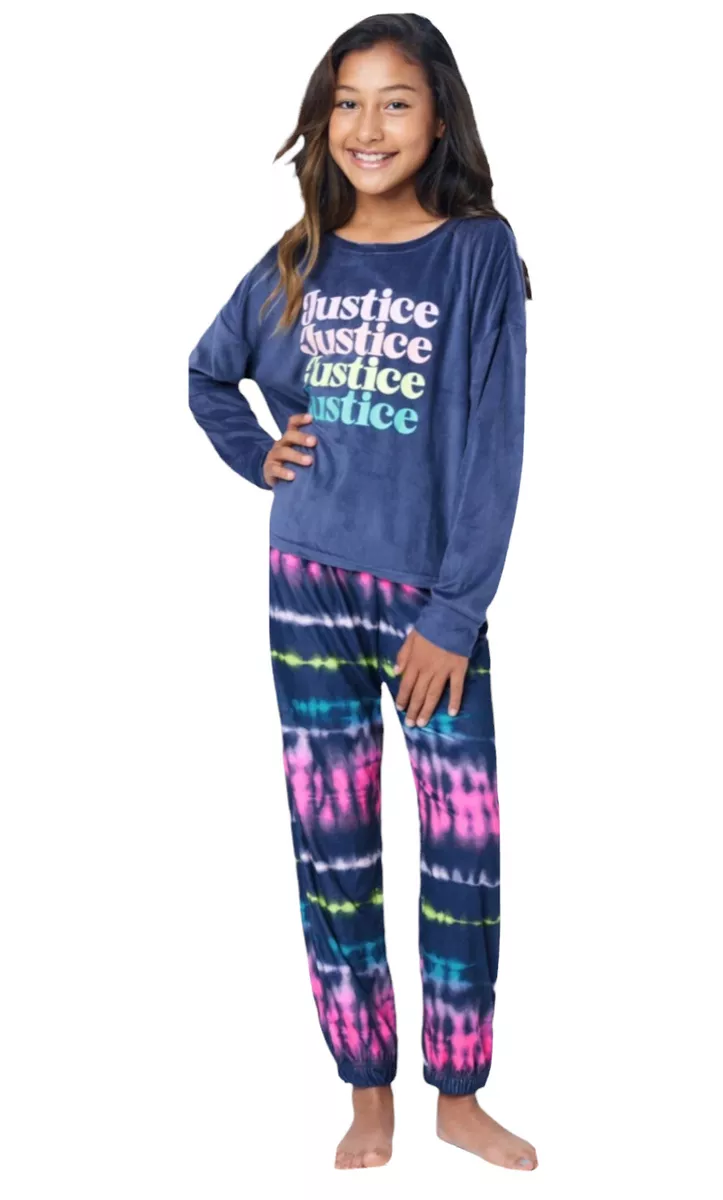 Justice Girls Blue Pajamas 2 Piece Set Logo Top Tie Dye Pants Size