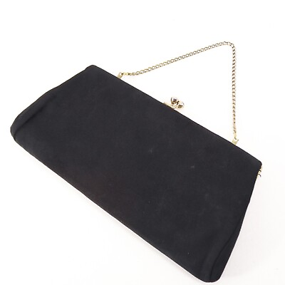 #ad Vintage Evening Handbag Black Satin Purse Satchel Gold Tone Chain Clutch Bag