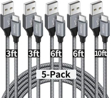 5 Pack Braided USB C Type-C Fast Charging Data SYNC Charger Cable Cord 3/6/10FT