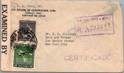 CHILE 1942 POSTAL HISTORY WWII REG CENSORED AIRMAIL COVER ADDR USA CANC SANTIAGO
