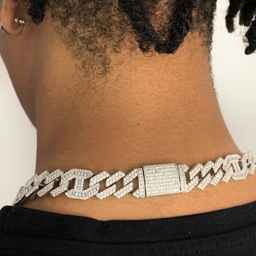 Iced Cuban Out VVS Diamond Baguette Chain 14mm Necklace 18K White Gold Plated - Picture 3 of 5