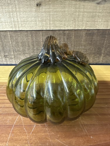 Art Glass Green Pumpkin Brown Swirl Stem Decorative Fall Halloween Thanksgiving - Picture 3 of 6