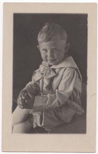 VINTAGE RPPC REAL PHOTO POSTCARD BLONDE LITTLE BOY TODDLER WITH SATIN BOW 090721