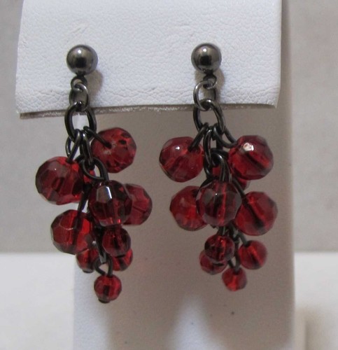 PURSUITS, LTD. Gun Metal Deep Red Faux Crystal Cluster Dangle Post Earrings NOC - Picture 6 of 13
